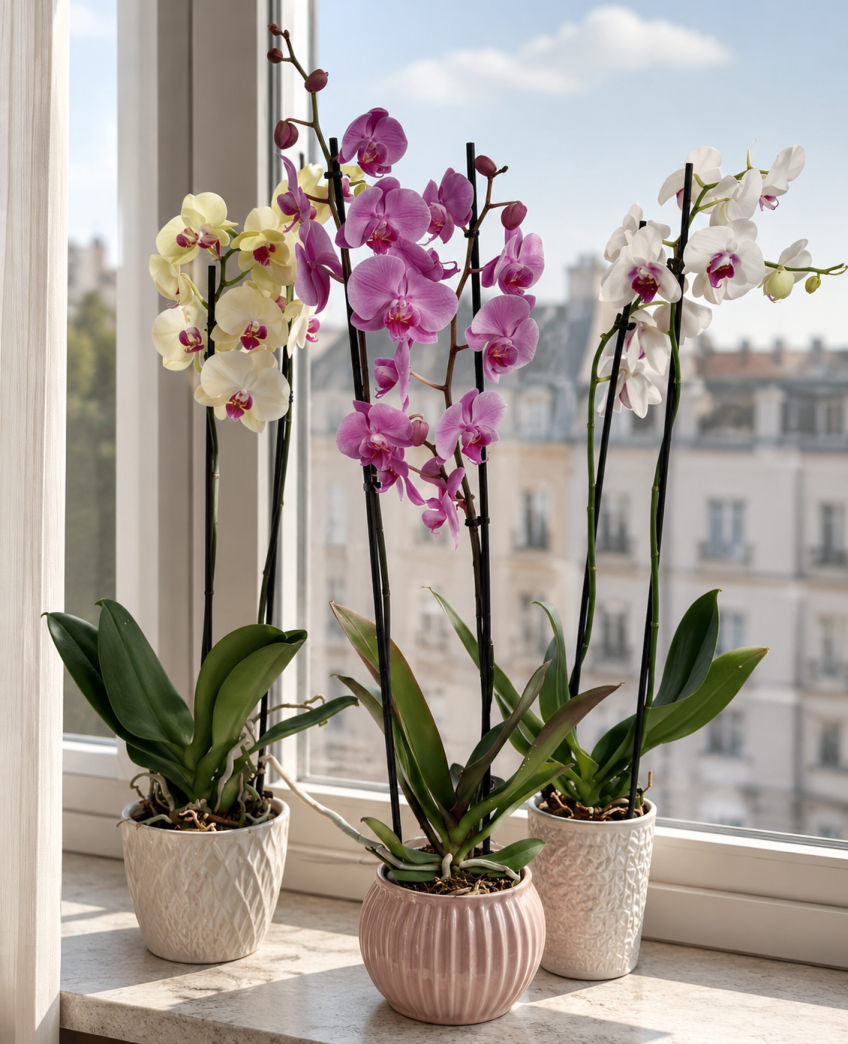 Potted orchids on a windowsill