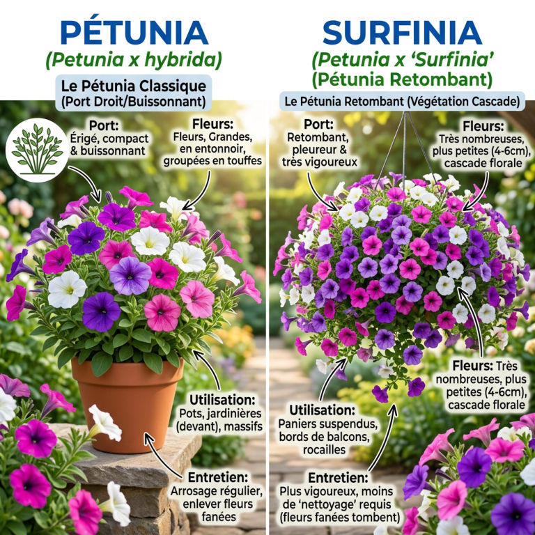 Petunia's en surfinia's in kleurrijke potten